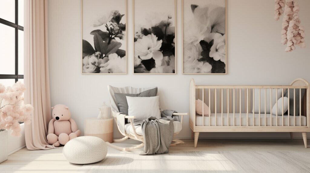 black and white nursery with watercolor feel
