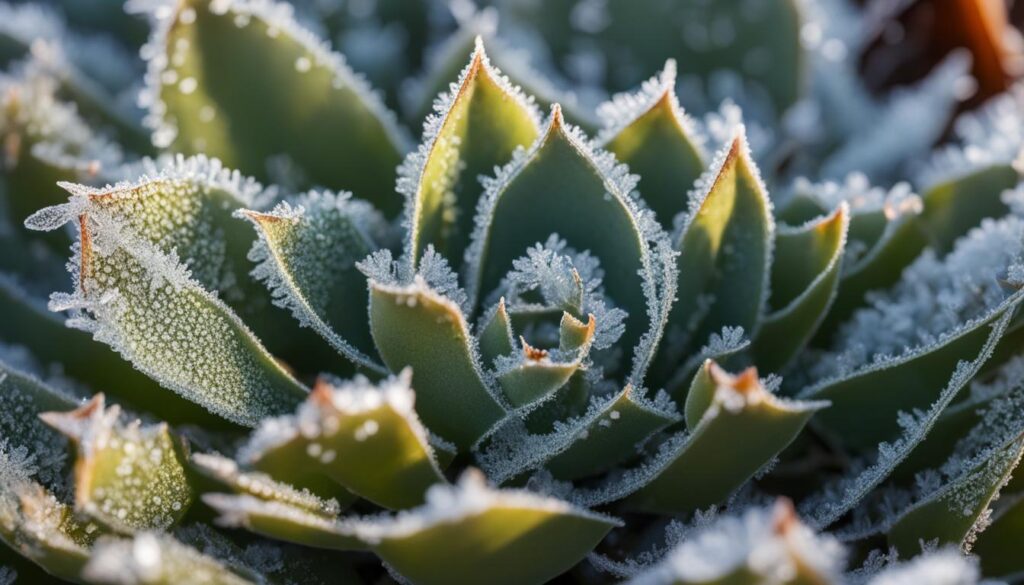 Frost on succulent leaves
