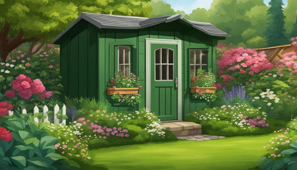 Small garden shed painted in green color