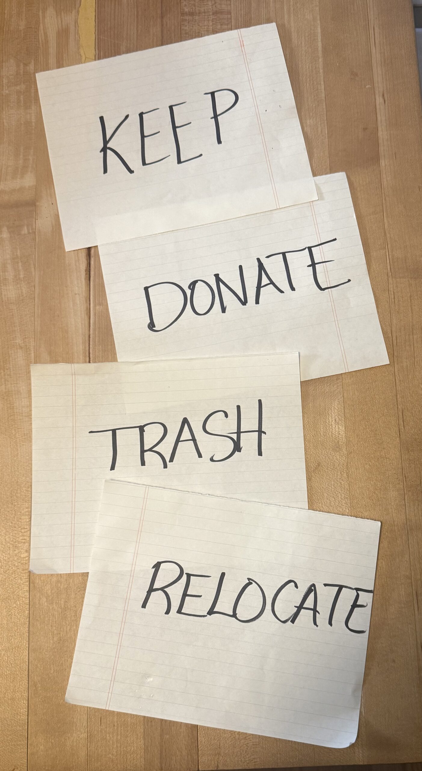 keep, donate, trash and relocate