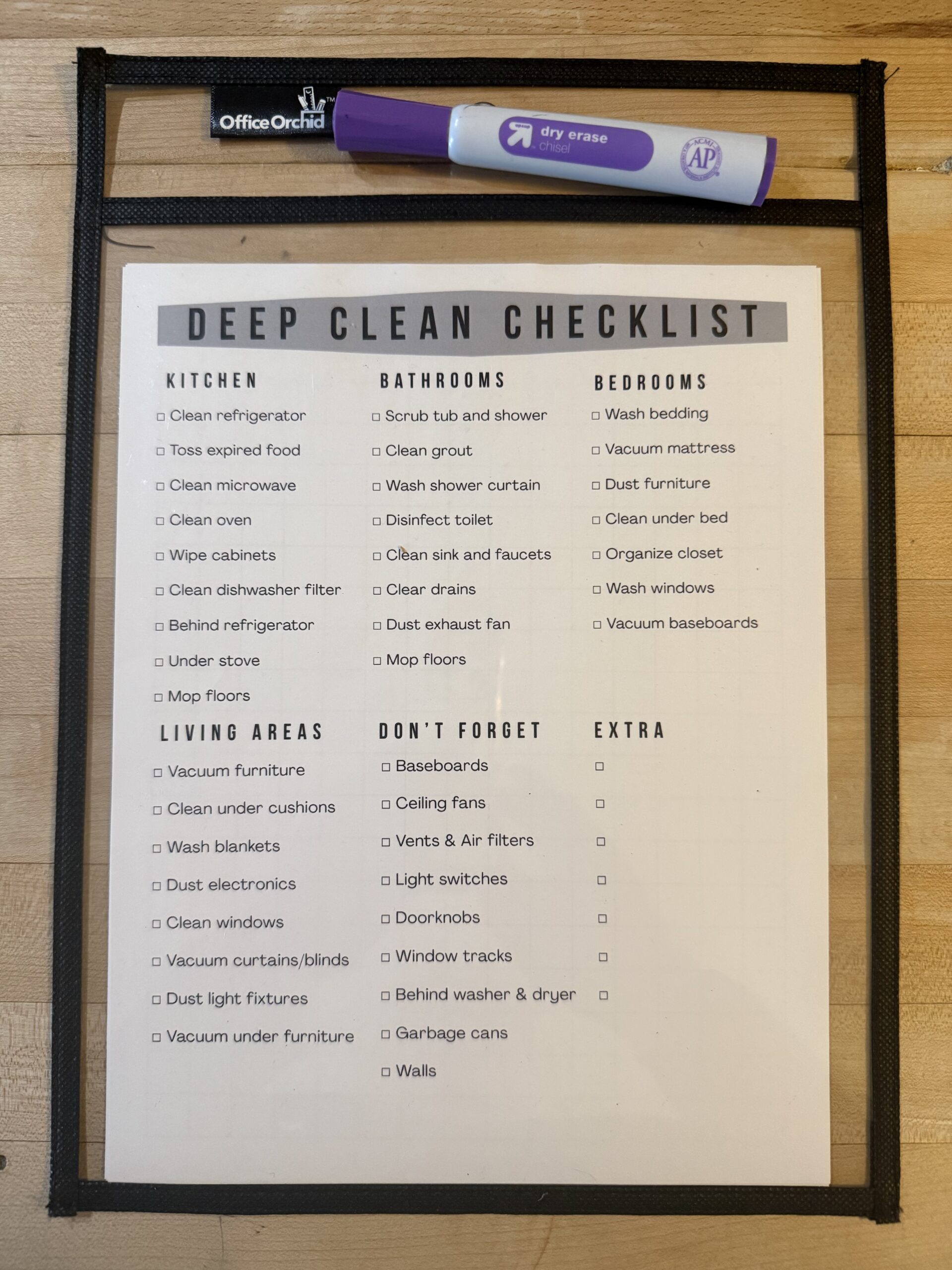 deep cleaning checklist in a clear folder.